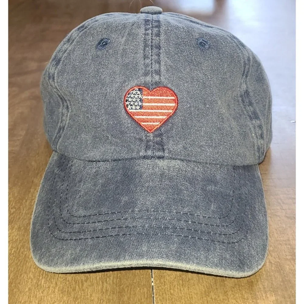 US Heart Flag Patch Denim Adjustable Cotton Ball Cap Hat Blue